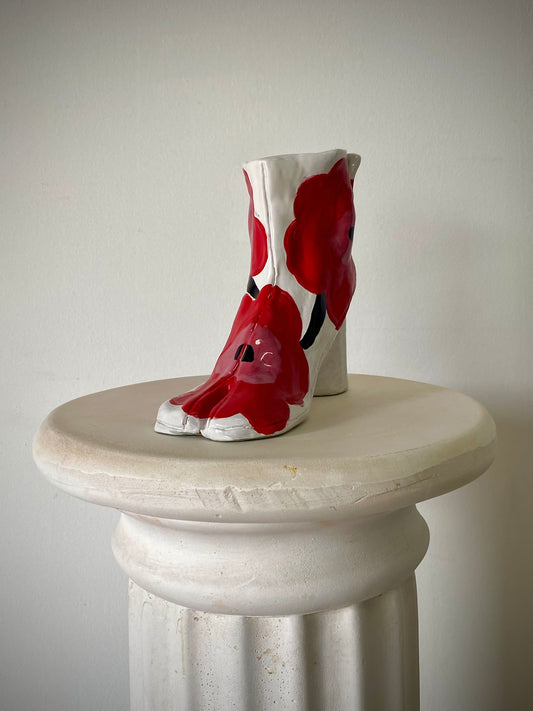 gloss white with 70's red flower print - tabi ankle boot vase